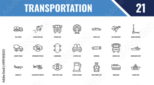 transportation outline icon set. linear vector for ui, web and mobile. thin line flying airplane, micro scooter, dirigible icons.