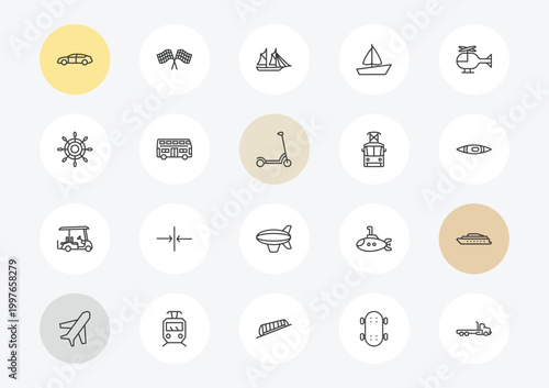 transportation outline icon set. linear vector for ui, web and mobile. thin line automobile, ship wheel, golf cart icons.