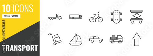 transport outline icon set. 10 linear vector for ui, web and mobile. thin line flatbed lorry, truck, bicycle icons.