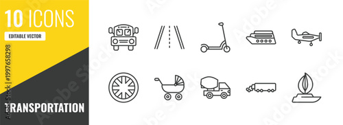 transportation outline icon set. 10 linear vector for ui, web and mobile. thin line school bus empty, road with broken lines, kick scooter icons.