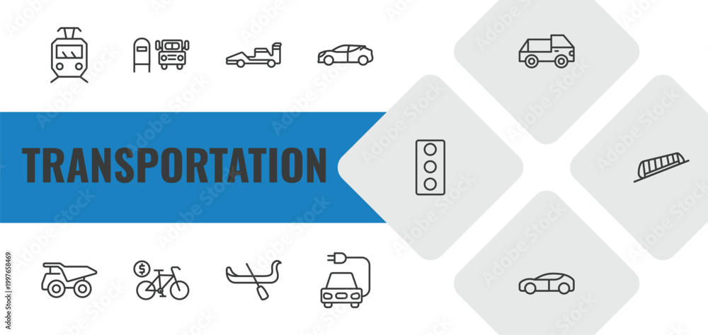 Fototapeta premium transportation outline icon set. linear vector for ui, web and mobile. thin line tram, scholar bus stop, formula 1 icons.