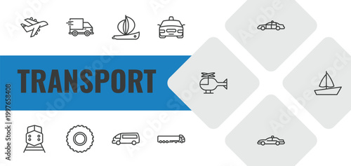transport outline icon set. linear vector for ui, web and mobile. thin line planes, shipping and delivery, yawl icons.