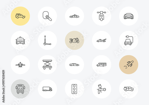transportation outline icon set. linear vector for ui, web and mobile. thin line off road, taxi, airliner icons.