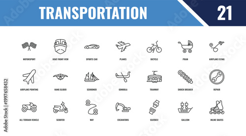 transportation outline icon set. linear vector for ui, web and mobile. thin line boat front view, airplane flying, tramway icons.