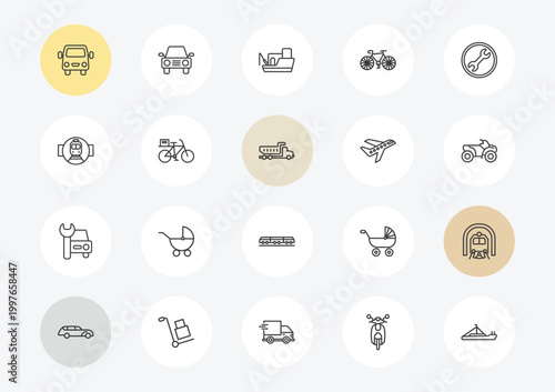 transportation outline icon set. linear vector for ui, web and mobile. thin line van front view, tram stop label, car repair icons.