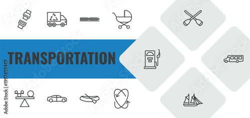 transportation outline icon set. linear vector for ui, web and mobile. thin line seatbelt, recycling truck, monorail icons.