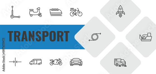 transport outline icon set. linear vector for ui, web and mobile. thin line micro scooter, scooter bike, bobsleigh icons.