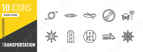 transportation outline icon set. 10 linear vector for ui, web and mobile. thin line recirculation, kayak, dugout canoe icons.