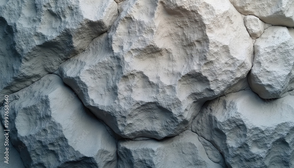 Fototapeta premium Close up view of rough stacked light gray stone wall. Natural rock texture pattern. Solid background with aged, worn surfaces, showing detail.