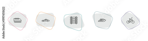 transport outline icon set. linear vector for ui, web and mobile. thin line bobsleigh, police car, railway line icons.