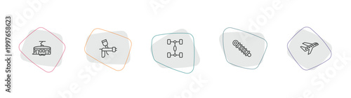 transport outline icon set. linear vector for ui, web and mobile. thin line tramway, car painting, chassis icons.