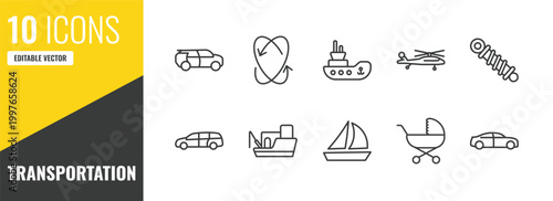 transportation outline icon set. 10 linear vector for ui, web and mobile. thin line eco-friendly transport, movement, tugboat icons.