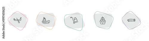 transportation outline icon set. linear vector for ui, web and mobile. thin line gondola, tugboat, carrier icons.