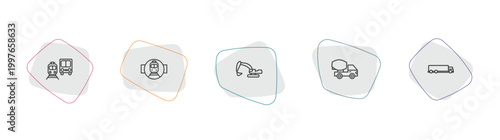 transportation outline icon set. linear vector for ui, web and mobile. thin line public transportation, tram stop label, excavators icons.