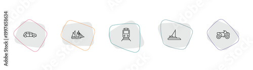 transportation outline icon set. linear vector for ui, web and mobile. thin line compact car, schooner, train front view icons.