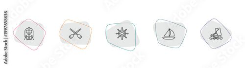 transportation outline icon set. linear vector for ui, web and mobile. thin line train front, rowing, ship wheel icons.