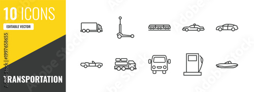 transportation outline icon set. 10 linear vector for ui, web and mobile. thin line lorry, micro scooter, light rail icons.