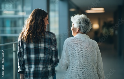 A young woman in a plaid shirt and an elderly woman with white hair walk together down a modern hallway seen from a back view