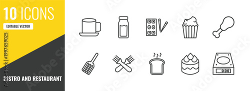 bistro and restaurant outline icon set. 10 linear vector for ui, web and mobile. thin line breakfast cup, milk brick, sushi mix icons.