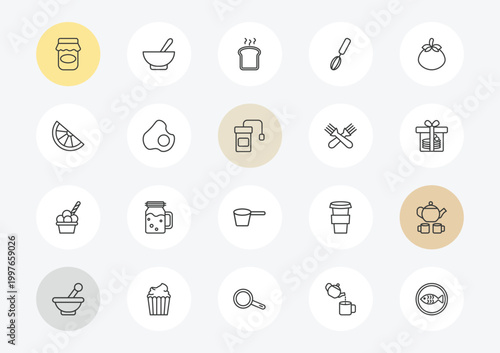 bistro and restaurant outline icon set. linear vector for ui, web and mobile. thin line mermelade jar, half lemon, ice cream cup icons.