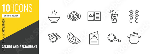 bistro and restaurant outline icon set. 10 linear vector for ui, web and mobile. thin line hot soup, combine meal, open menu icons.