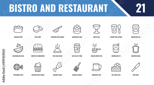 bistro and restaurant outline icon set. linear vector for ui, web and mobile. thin line beef chop, mermelade jar, boiling water pan icons.