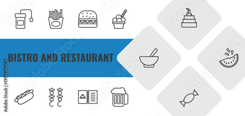 bistro and restaurant outline icon set. linear vector for ui, web and mobile. thin line infusion bag, french fries box, complete hamburger icons.
