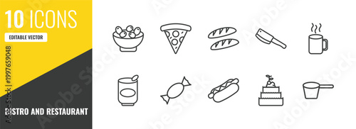 bistro and restaurant outline icon set. 10 linear vector for ui, web and mobile. thin line bowl of olives, pepperoni pizza slice, load of bread icons.