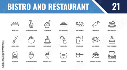bistro and restaurant outline icon set. linear vector for ui, web and mobile. thin line cupcake with cherry, crepe and cream, infusion bag icons.
