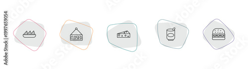 bistro and restaurant outline icon set. linear vector for ui, web and mobile. thin line nachos plate, closed, piece of cheese icons.