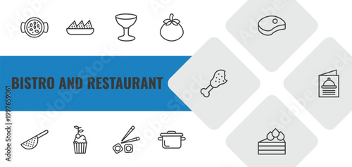 bistro and restaurant outline icon set. linear vector for ui, web and mobile. thin line paella with parwns, nachos plate, wide glass icons.