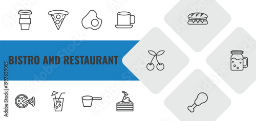 bistro and restaurant outline icon set. linear vector for ui, web and mobile. thin line cardboard cup, pepperoni pizza slice, restaurant fried egg icons.