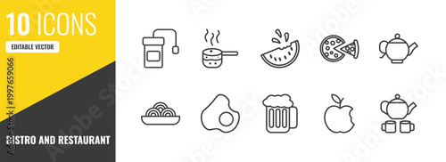 bistro and restaurant outline icon set. 10 linear vector for ui, web and mobile. thin line infusion bag, boiling water pan, watermellon slice icons.