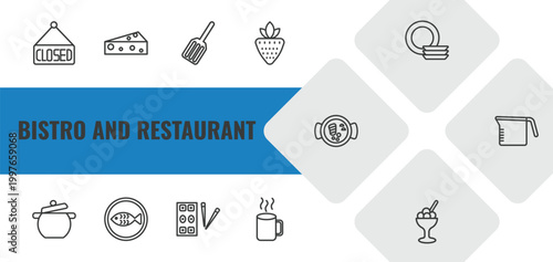 bistro and restaurant outline icon set. linear vector for ui, web and mobile. thin line closed, piece of cheese, spatula utensil icons.