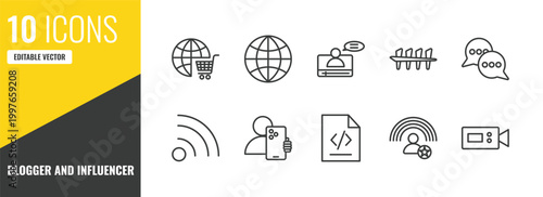 blogger and influencer outline icon set. 10 linear vector for ui, web and mobile. thin line shopping online, world, vlogger icons.