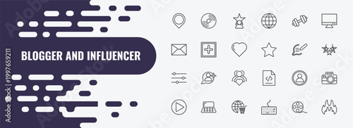 blogger and influencer outline icon set. linear vector for ui, web and mobile. thin line vinyl, fame, weights icons.