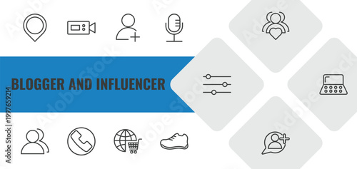 blogger and influencer outline icon set. linear vector for ui, web and mobile. thin line placeholder, camcorder, follow icons.