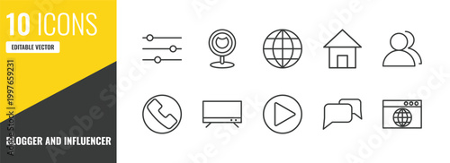 blogger and influencer outline icon set. 10 linear vector for ui, web and mobile. thin line filter, webcam, web icons.