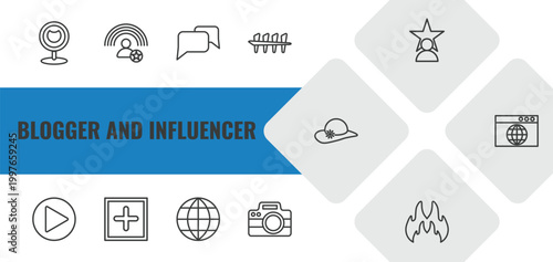 blogger and influencer outline icon set. linear vector for ui, web and mobile. thin line webcam, influencer, conversation icons.