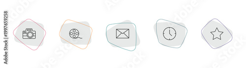 blogger and influencer outline icon set. linear vector for ui, web and mobile. thin line camera, film reel, email icons.