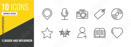 blogger and influencer outline icon set. 10 linear vector for ui, web and mobile. thin line placeholder, microphone, camera icons.