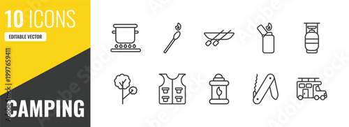 camping outline icon set. 10 linear vector for ui, web and mobile. thin line pot on fire, matches, canoe icons.