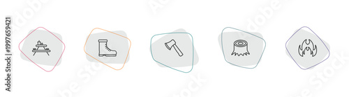 camping outline icon set. linear vector for ui, web and mobile. thin line camp table, boots shoes, hatchet icons.