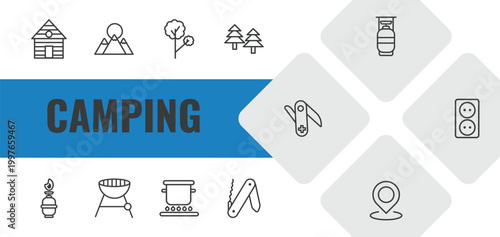 camping outline icon set. linear vector for ui, web and mobile. thin line lodge, mountain, tree icons.