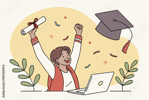 Radość po ukończeniu studiów – absolwentka z dyplomem przy laptopie, świętowanie sukcesu i zakończenie nauki, ilustracja.
