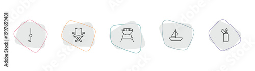 camping outline icon set. linear vector for ui, web and mobile. thin line hook, camp chair, grill icons.