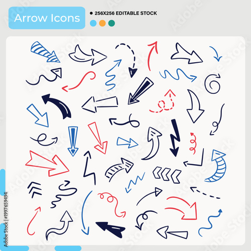 Hand drawn arrow icons collection in blue red black with white background