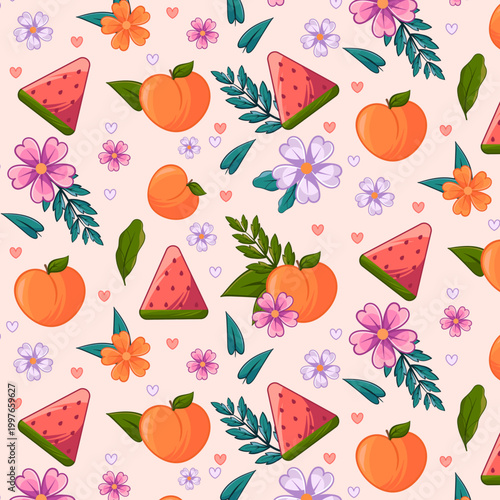seamless pattern, watermelon, peach, tropical fruit, summer pattern, floral pattern, fruit pattern, repeat pattern, surface design, textile design, pink background, purple flowers, orange flowers, gre