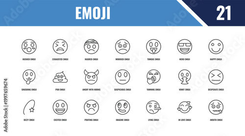 emoji outline icon set. linear vector for ui, web and mobile. thin line exhausted emoji, happy emoji, yawning icons.