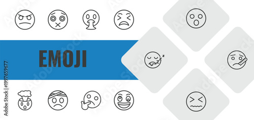 emoji outline icon set. linear vector for ui, web and mobile. thin line angry emoji, silent emoji, vomit icons.